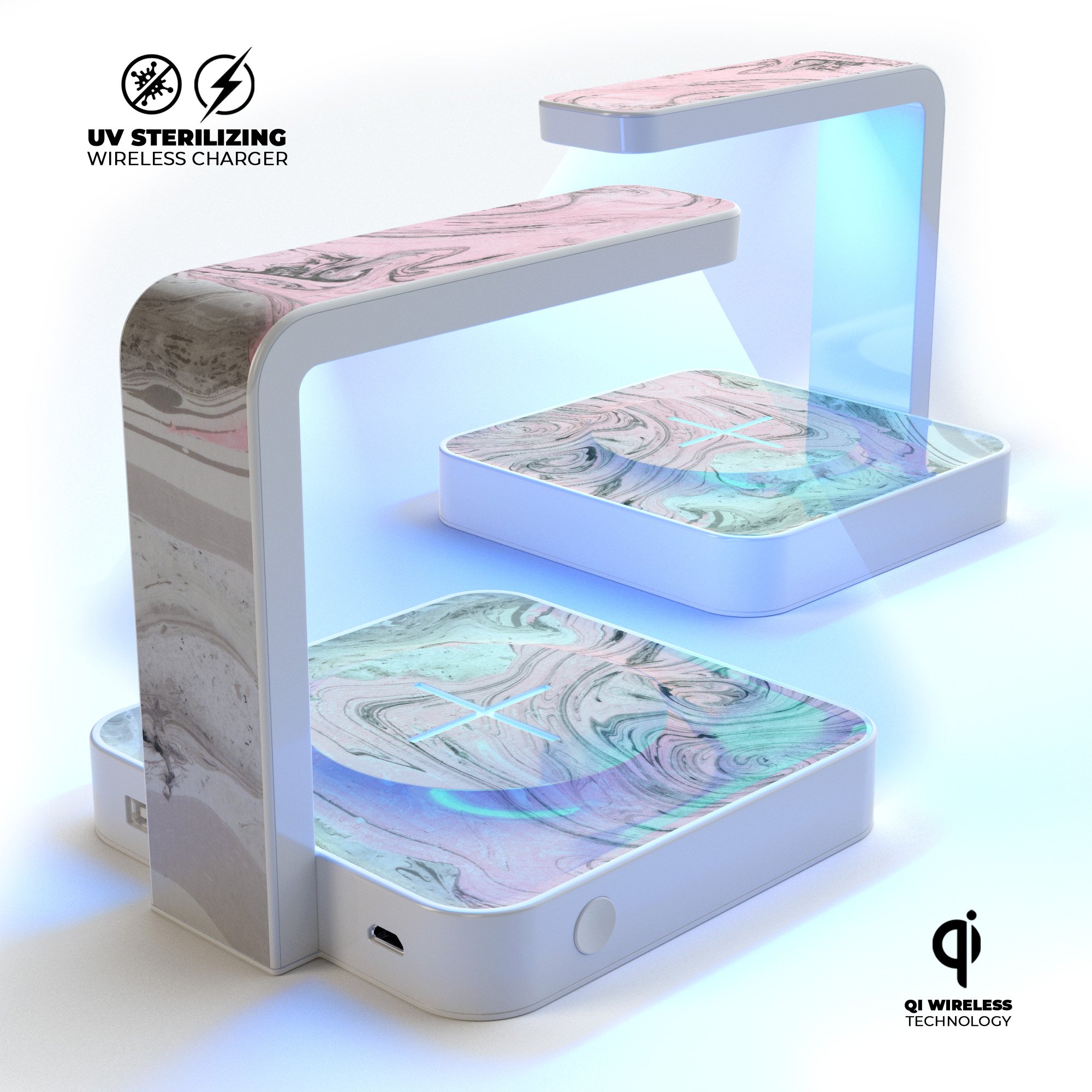 Mixtured Pink and Gray Textured Marble UV Germicidal Sanitizing charger with wireless charging feature and decorative skin.